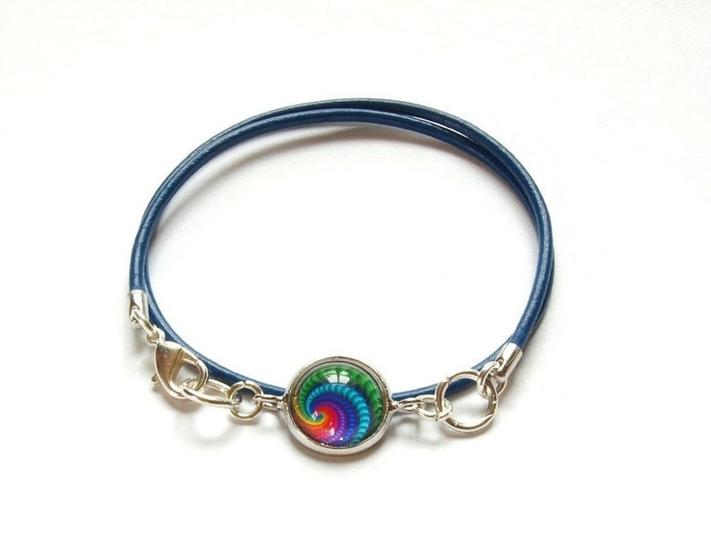 Wickelarmband nach Wahl Leder Cabochon Retro blau Armband Armreifen bunt Blüten retro Muster silbern bronze golden