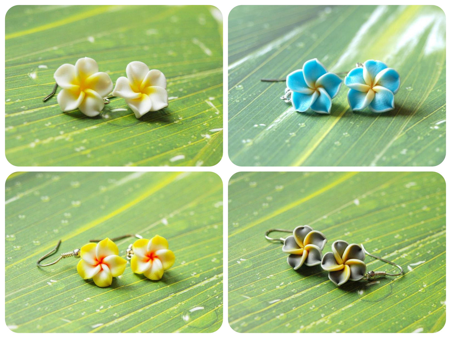 Ohrringe nach Wahl Frangipani Blume Blüte Polymer Clay Hawaii gelb blau weiß grau Fimo Ohrhänger