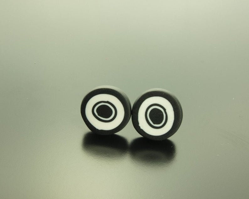 Ohrstecker nach Wahl aus Polymer Clay Retro schwarz weiß Streifen Kreise Punkte Blume oval rund Herz Stern Pik Muster Ohrringe Fimo