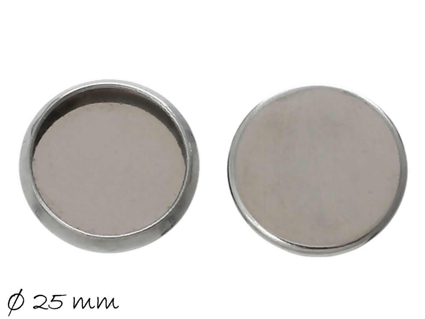 2 Stück Fassungen für Cabochons, Deckel aus Edelstahl, Silber, Ø 25 mm