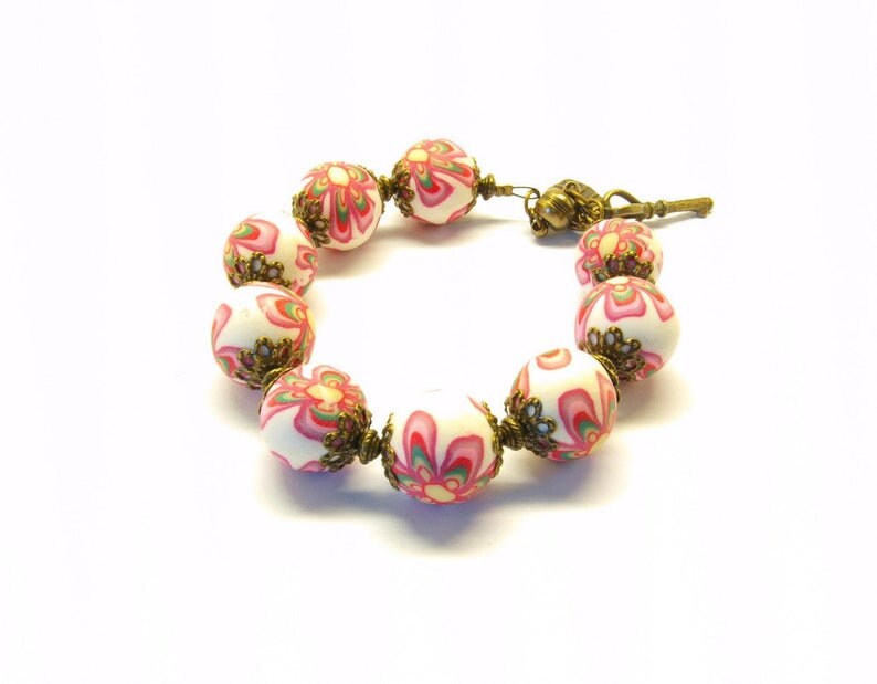 Armband nach Wahl mit Perlen aus Polymer Clay Blume Blüte weiß rosa rot blau lila weiß orange Armreifen Fimo