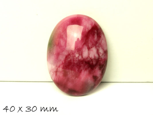 1 Stück Edelstein Cabochon, Jade, 40 x 30 mm, rot weiß pink
