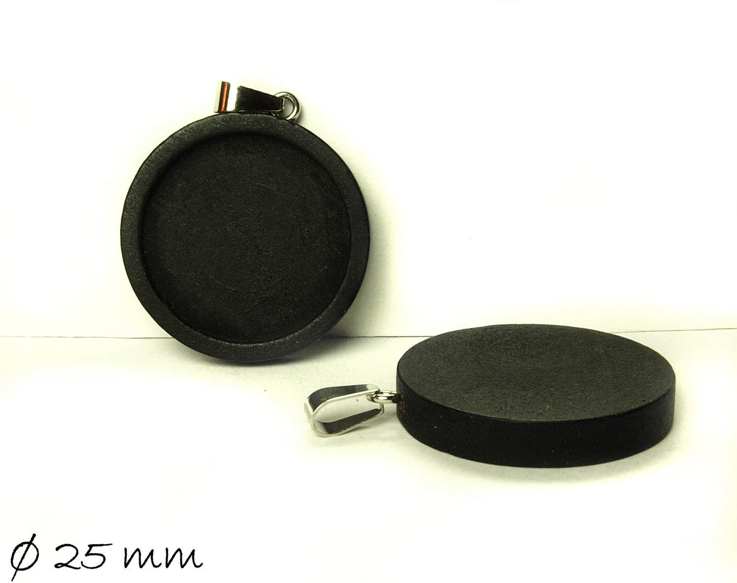 2 Stück Anhänger mit Fassung für Cabochons aus Holz, 25 mm, schwarz