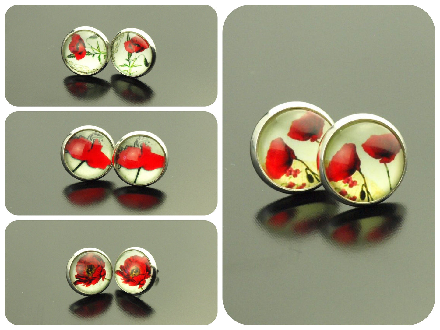 Ohrringe nach Wahl Mohn Blüten Blumen rot Glas Papier Cabochon als Ohrstecker / Ohrhänger in silber / bronze / golden / rosé golden