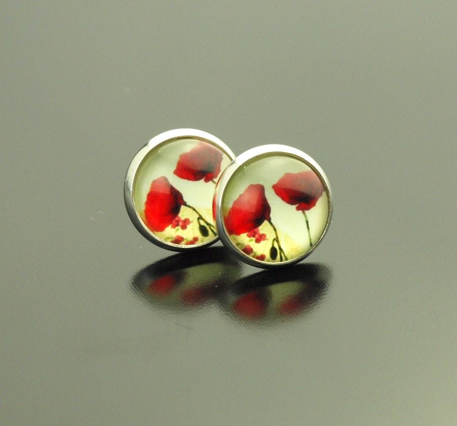 Ohrringe nach Wahl Mohn Blüten Blumen rot Glas Papier Cabochon als Ohrstecker / Ohrhänger in silber / bronze / golden / rosé golden