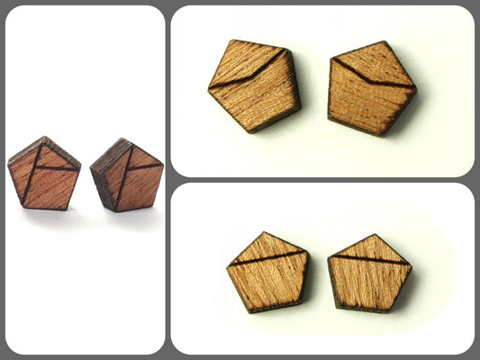 Ohrstecker nach Wahl Fünfeck mit Muster Dreieck geometrisch Pentagon Holz Ohrringe