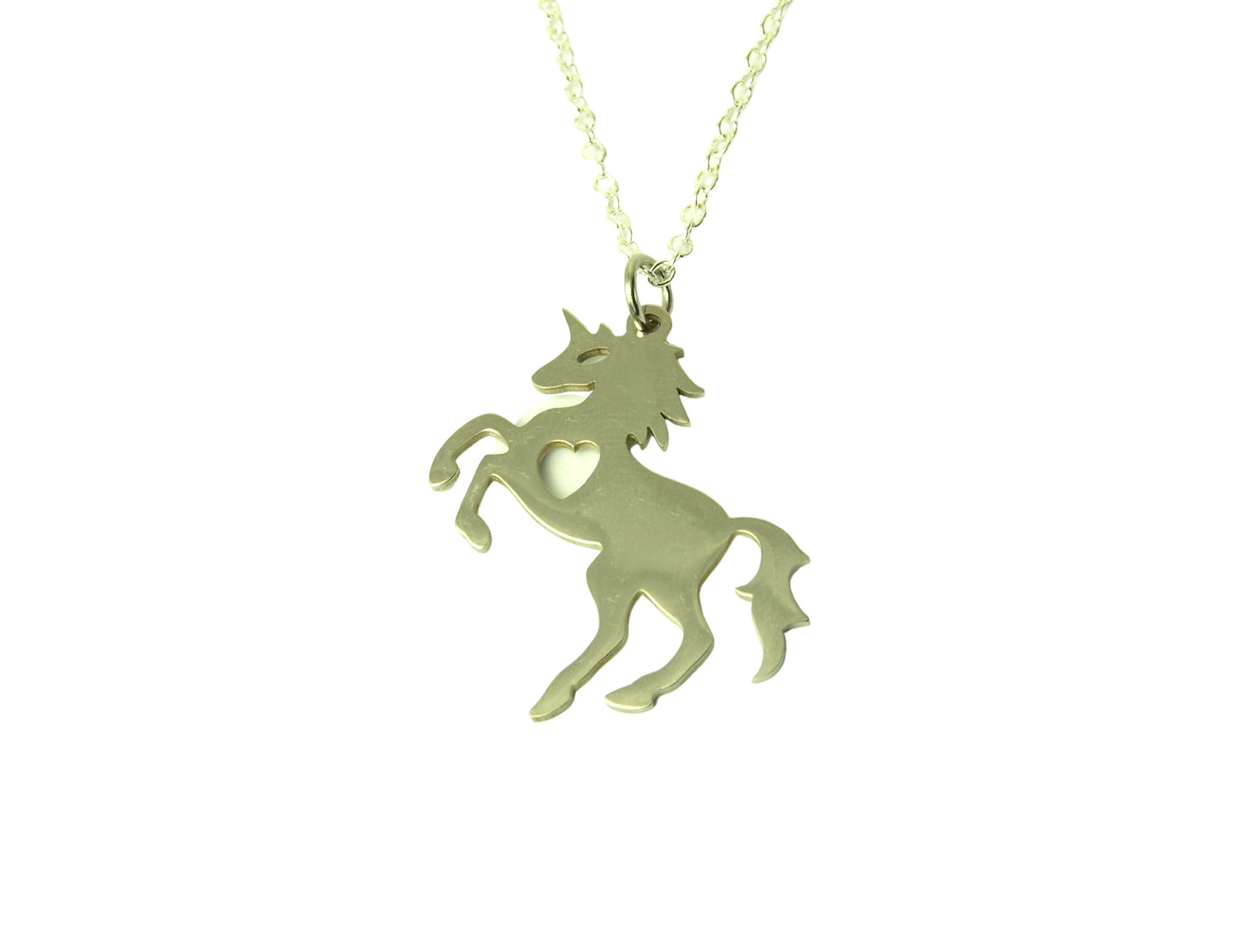 Kette Einhorn mit Herz Anhänger Edelstahl Pferd Farbe nach Wahl silbern golden