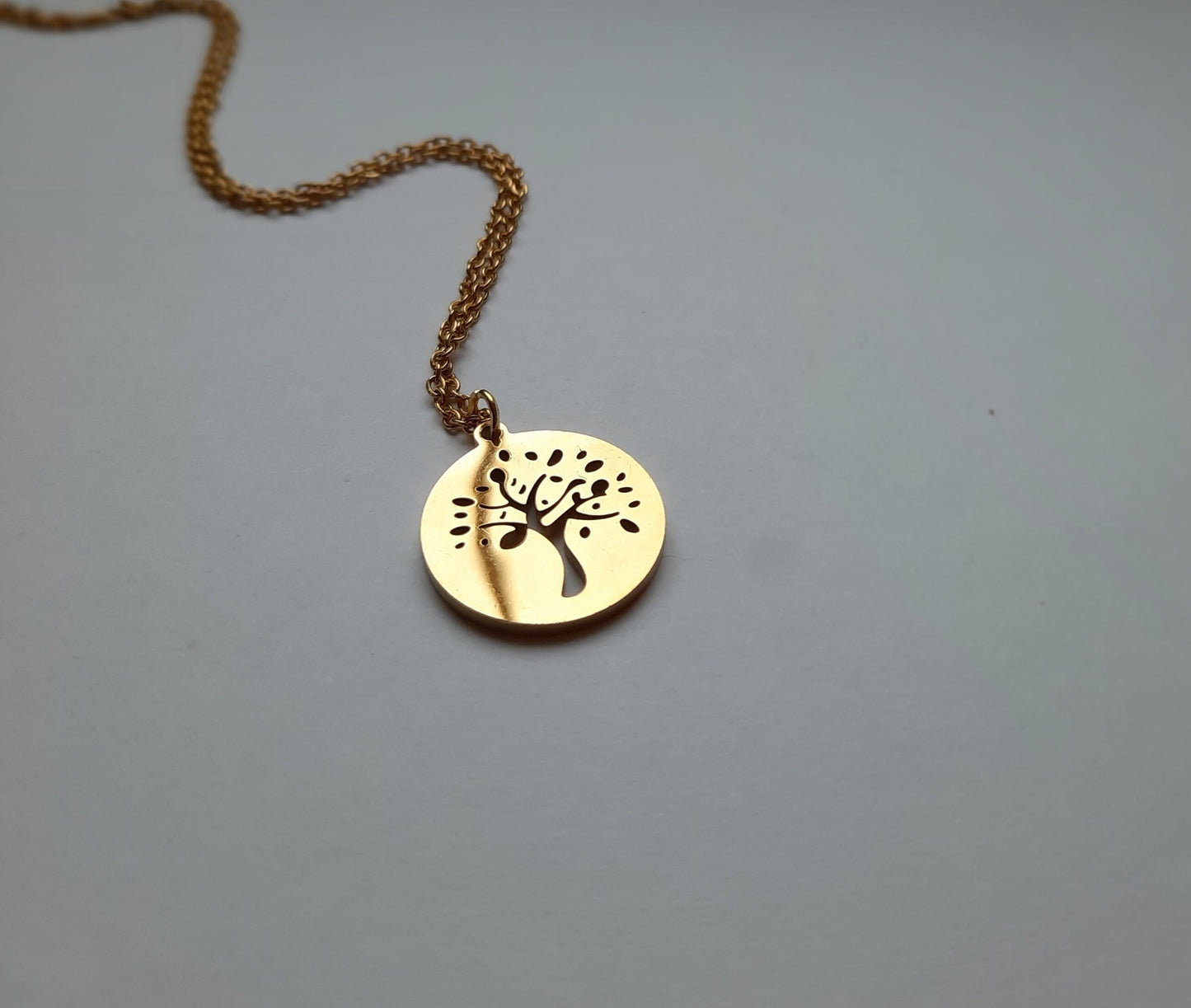 Kette Edelstahl Baum Lebensbaum Anhänger Scheibe Kreis rund Blätter Wald Natur Zweig Ast Farbe nach Wahl silbern golden