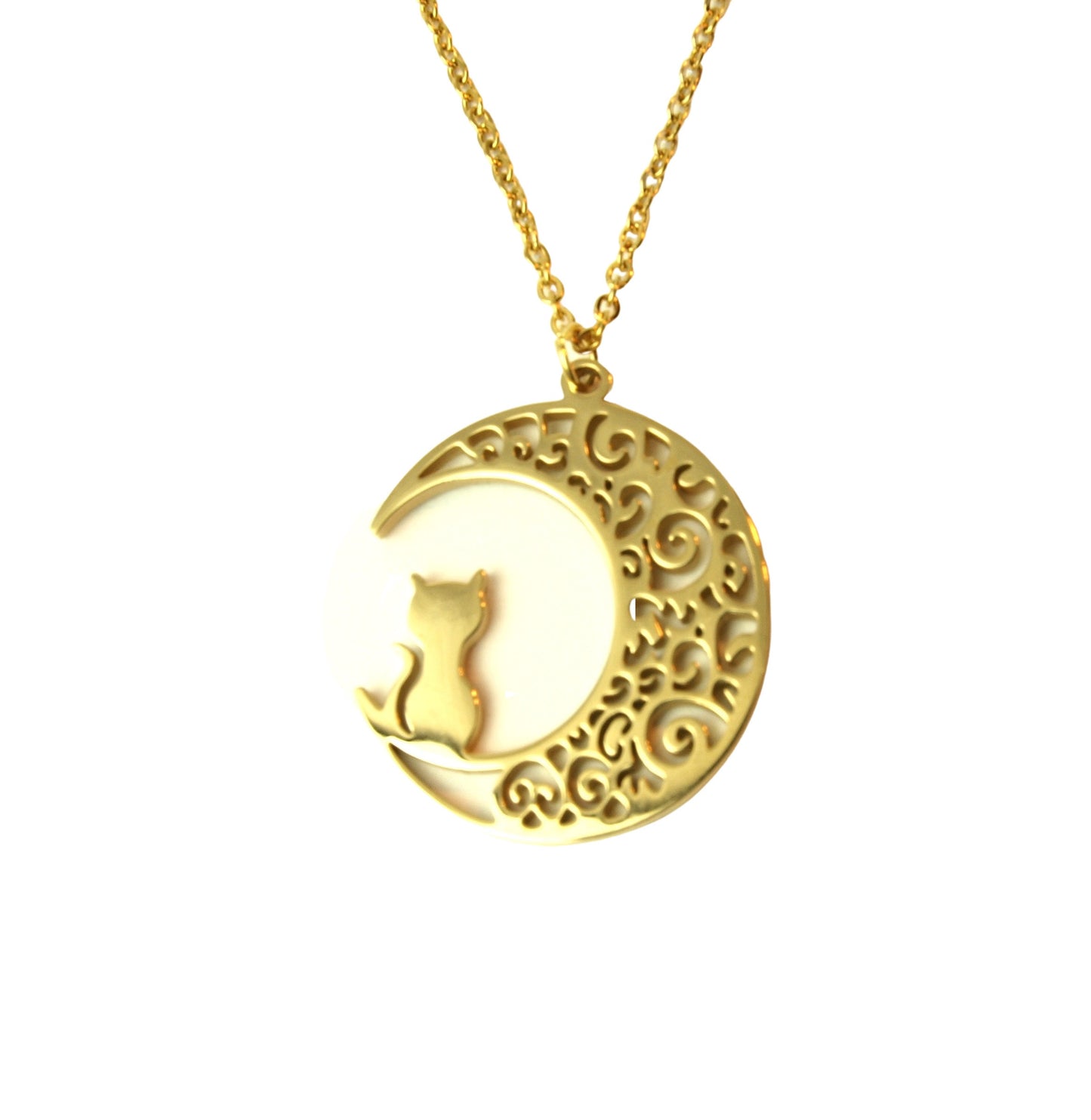 Kette Katze auf Mond Nacht Himmel verziert Ornamente Orient sitzen Edelstahl Anhänger golden