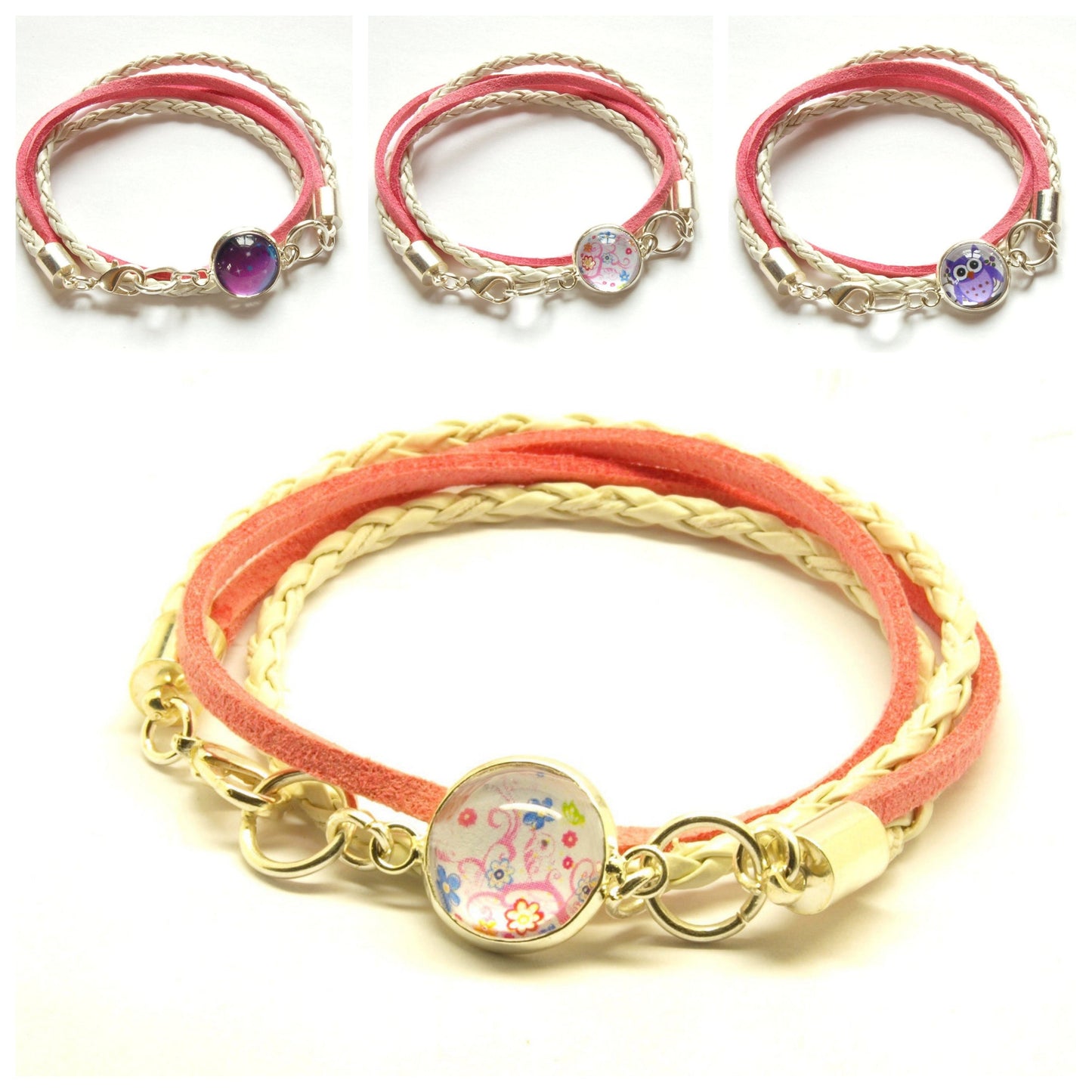 Wickelarmband nach Wahl Leder Cabochon Retro rosa weiß Armband Armreifen bunt Blüten Muster silbern bronze golden