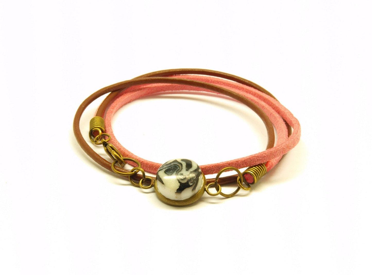 Wickelarmband nach Wahl Leder Cabochon Retro rosa braun Armband Armreifen bunt Muster silbern bronze golden