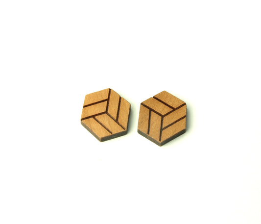 Ohrstecker Sechseck Hexagon 3D retro Muster Wabe Holz Ohrringe