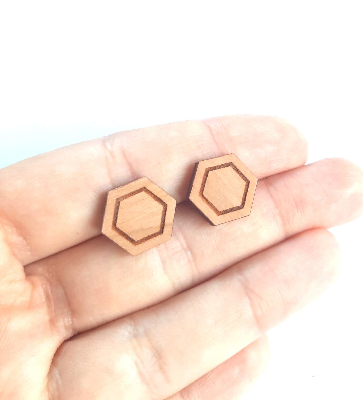 Ohrstecker Sechseck Hexagon 3D retro Muster Wabe Holz Ohrringe