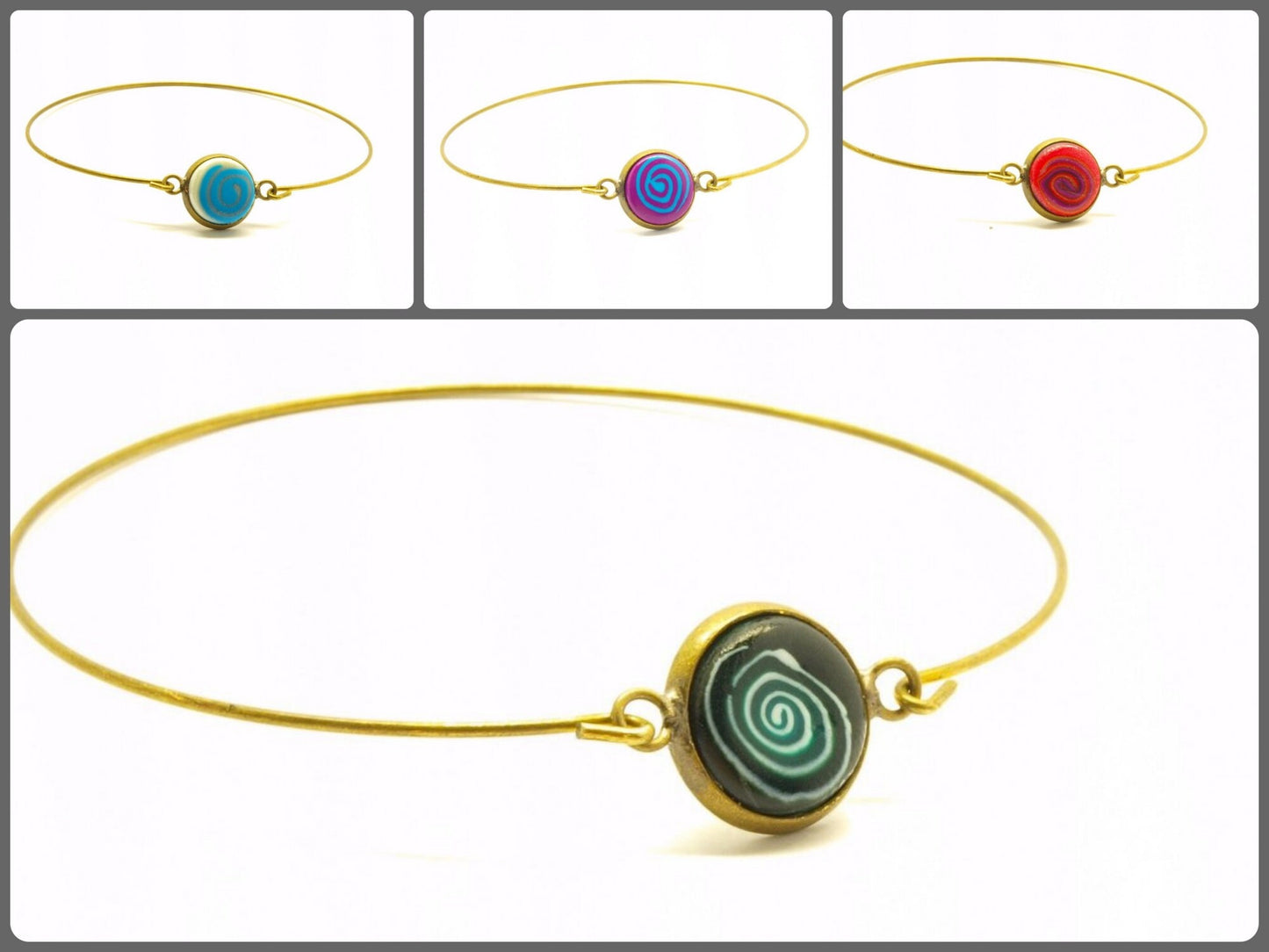 Armreif Cabochon retro Muster Spirale bunt Polymer Clay silbern bronze golden Armband weiß blau lila grün schwarz rot