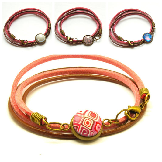 Wickelarmband nach Wahl Leder Cabochon Retro rosa braun Armband Armreifen bunt Muster silbern bronze golden