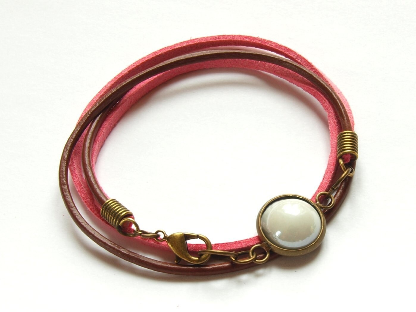Wickelarmband nach Wahl Leder Cabochon Retro rosa braun Armband Armreifen bunt Muster silbern bronze golden
