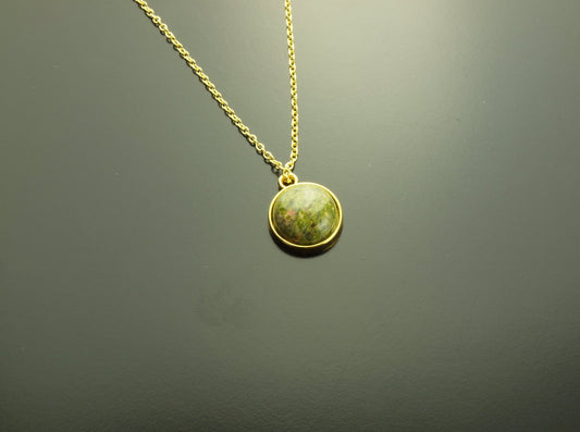 Kette grüner Unakite Edelstein Cabochon Anhänger silbern golden bronze