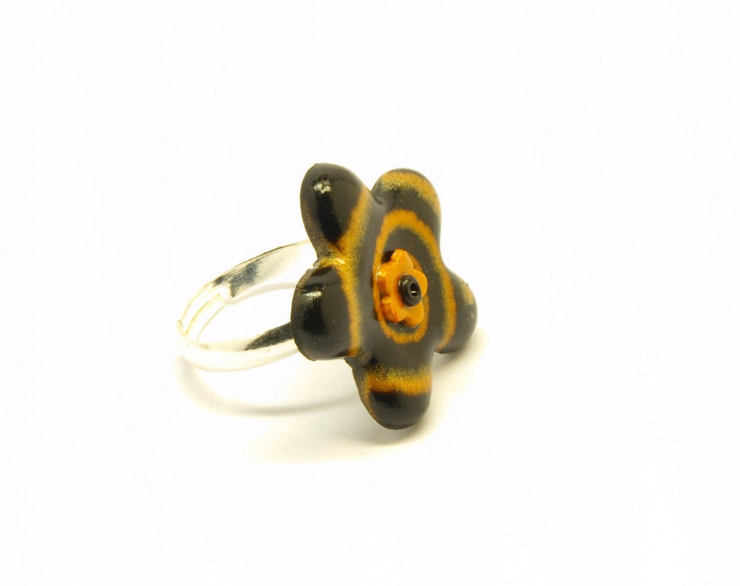 Ring nach Wahl Fimo Clay Cabochon schwarz gold Blume Blüte Stern