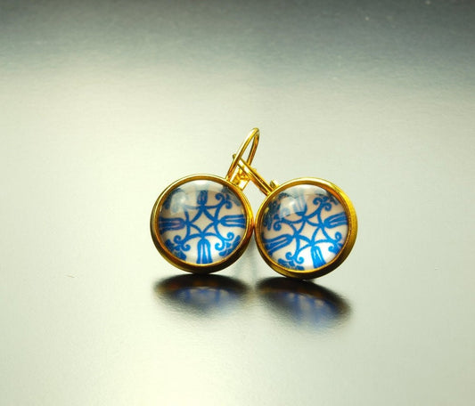 Ohrring Cabochon Glas blau weiß retro Motiv nach Wahl golden silbern bronze Ohrstecker Ohrhänger