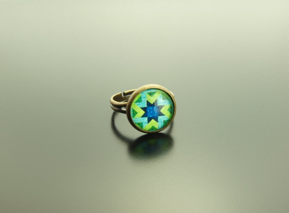 Ring Cabochon nach Wahl Glas Retro Muster vintage Mandala grün