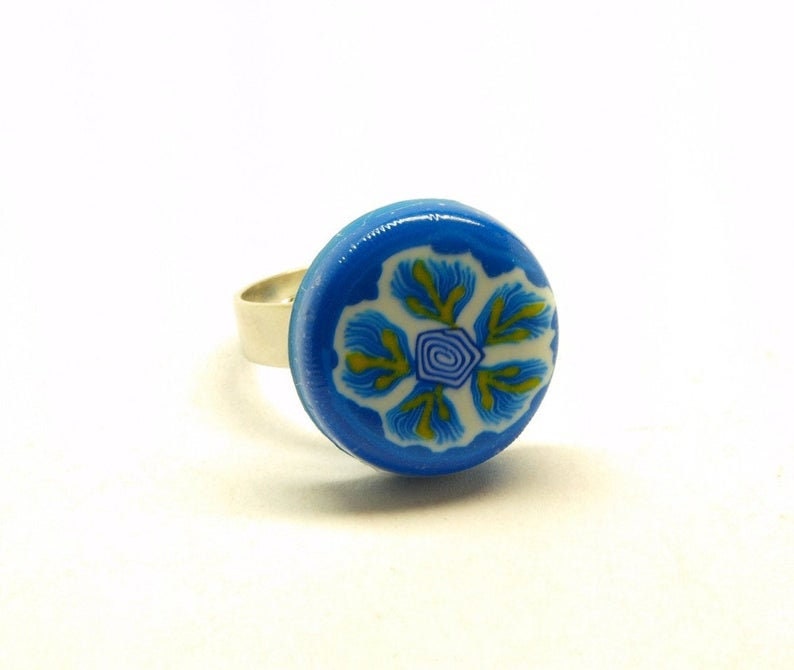 Ring nach Wahl Fimo Polymer Clay Cabochon Blume Blüte Herz blau weiß grün