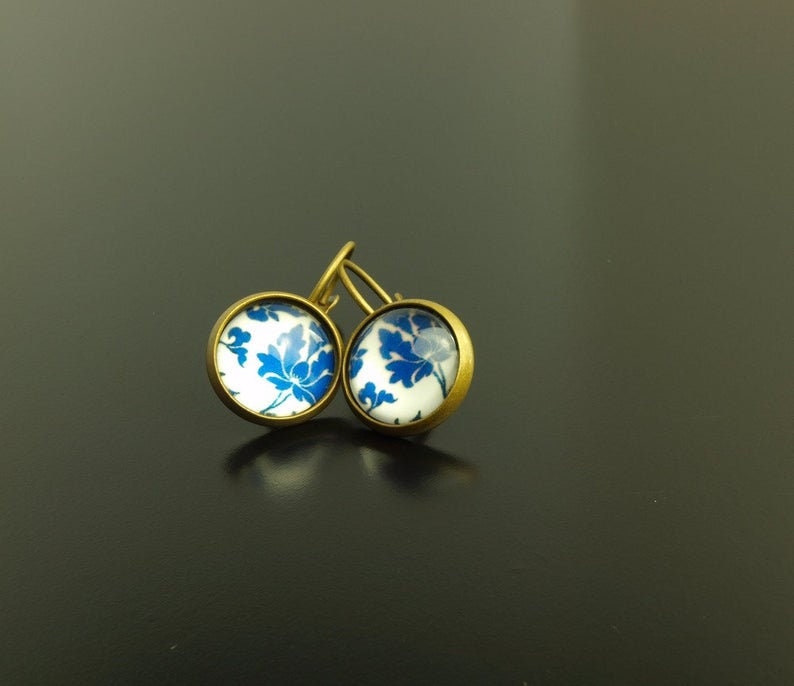Ohrring Cabochon Glas blau weiß retro Motiv nach Wahl golden silbern bronze Ohrstecker Ohrhänger