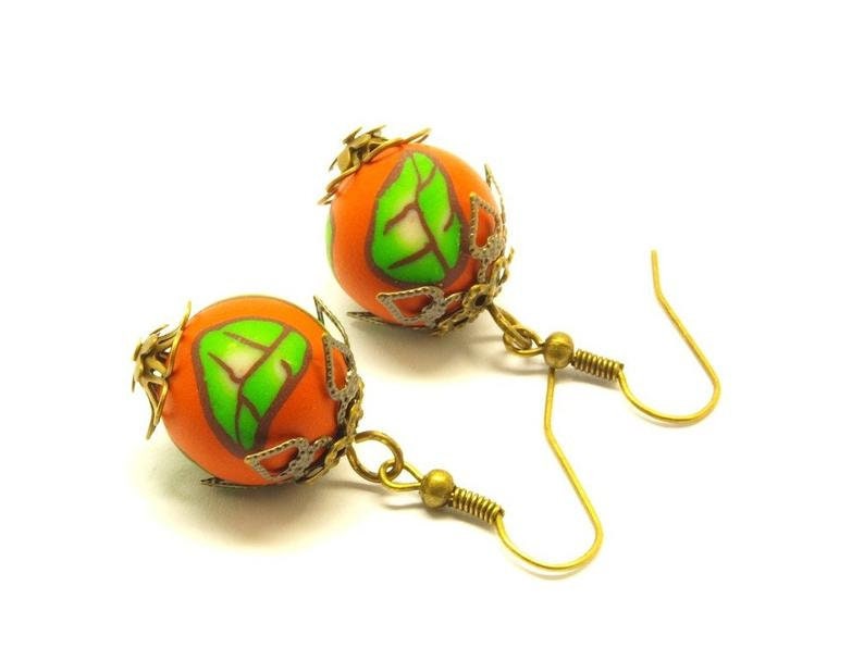 Ohrringe nach Wahl Fimo Polymer Clay Perle Creole Blatt Herbst grün Blüte golden bronze silbern