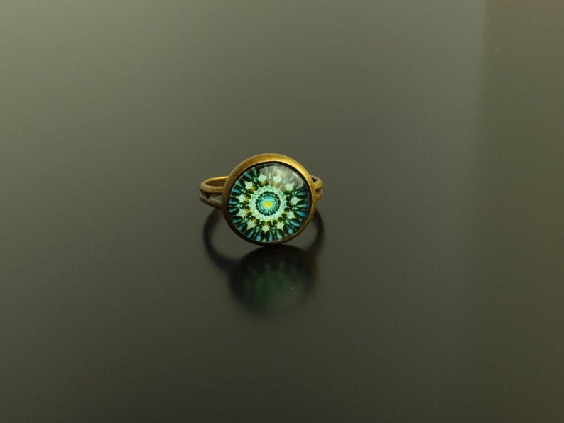 Ring Cabochon nach Wahl Glas Retro Muster vintage Mandala grün