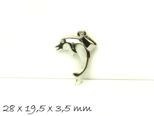 1 Stück Anhänger Delfin aus Perlmutt, silber, weiß, 28 x 19,5 mm