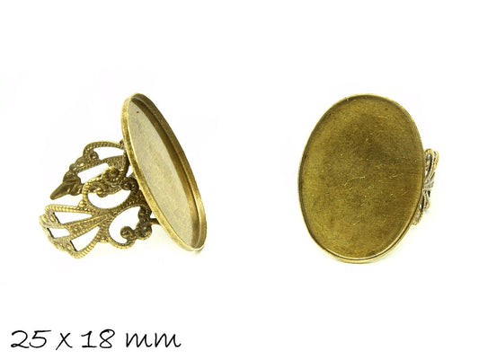 2 Stück Ring Rohling, verstellbar, bronze, verziert, 25 x 18 mm