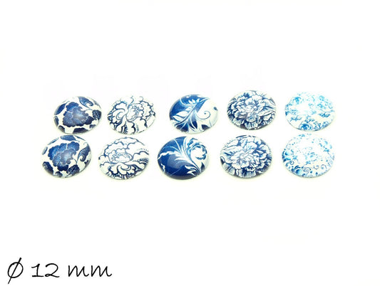 10 Stück beklebte Glas Cabochons, Baum, Blaue Blüten, Ø 12 mm