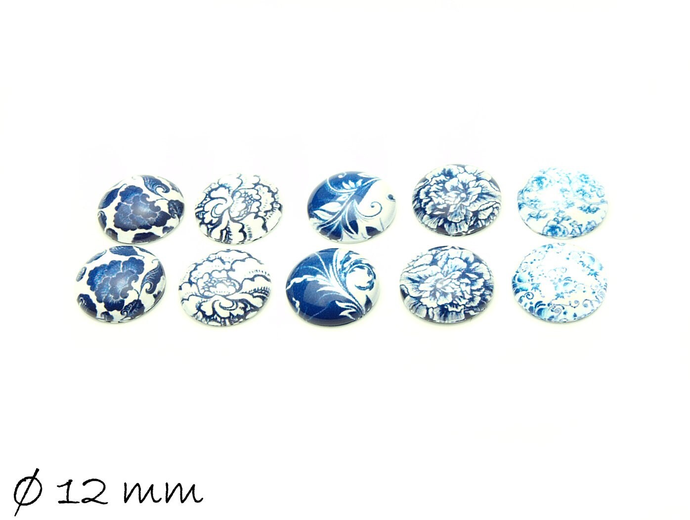 10 Stück beklebte Glas Cabochons, Baum, Blaue Blüten, Ø 12 mm