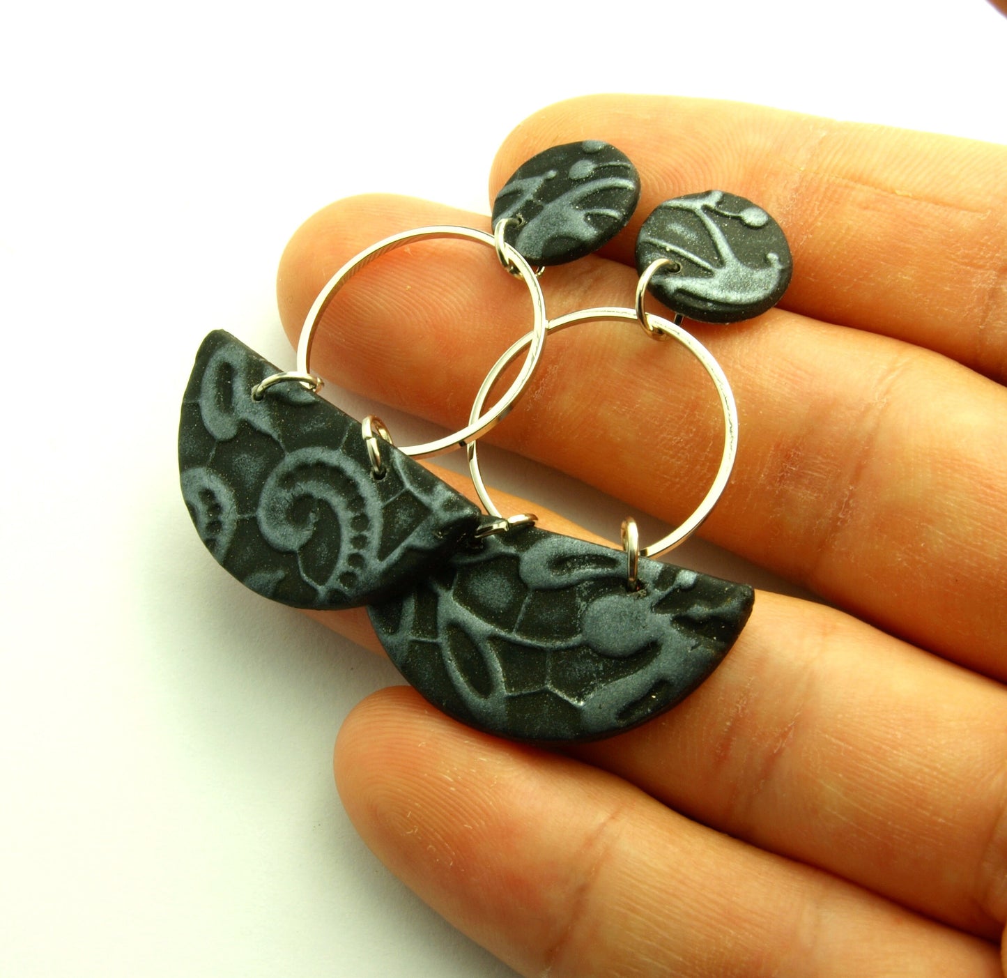 Statement Ohrringe Polymer Clay silber schwarz ethno Ohrhänger nach Wahl