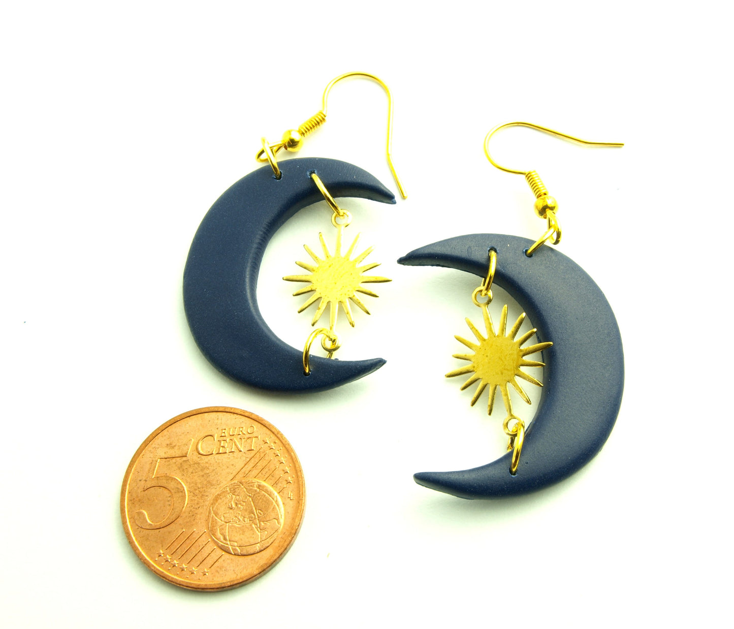 Statement Ohrringe Polymer Clay blau golden Mond Bogen Ohrhänger nach Wahl