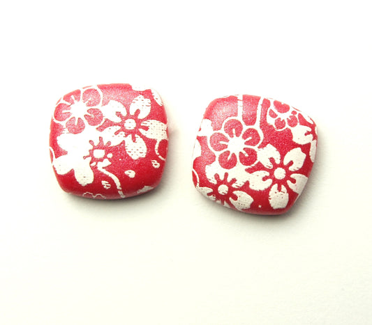 Ohrstecker Blüten Muster rot weiß Polymer Clay Fimo Ohrringe Stecker nach Wahl