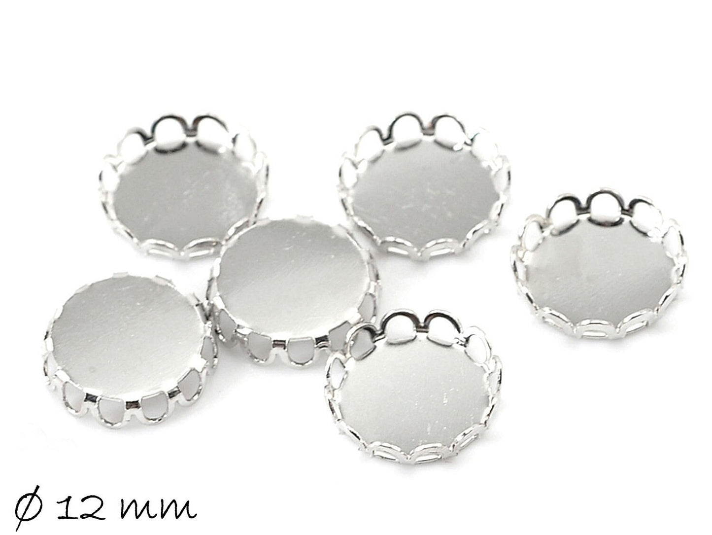 10 Stück Fassungen für Cabochons, 12 mm, platin