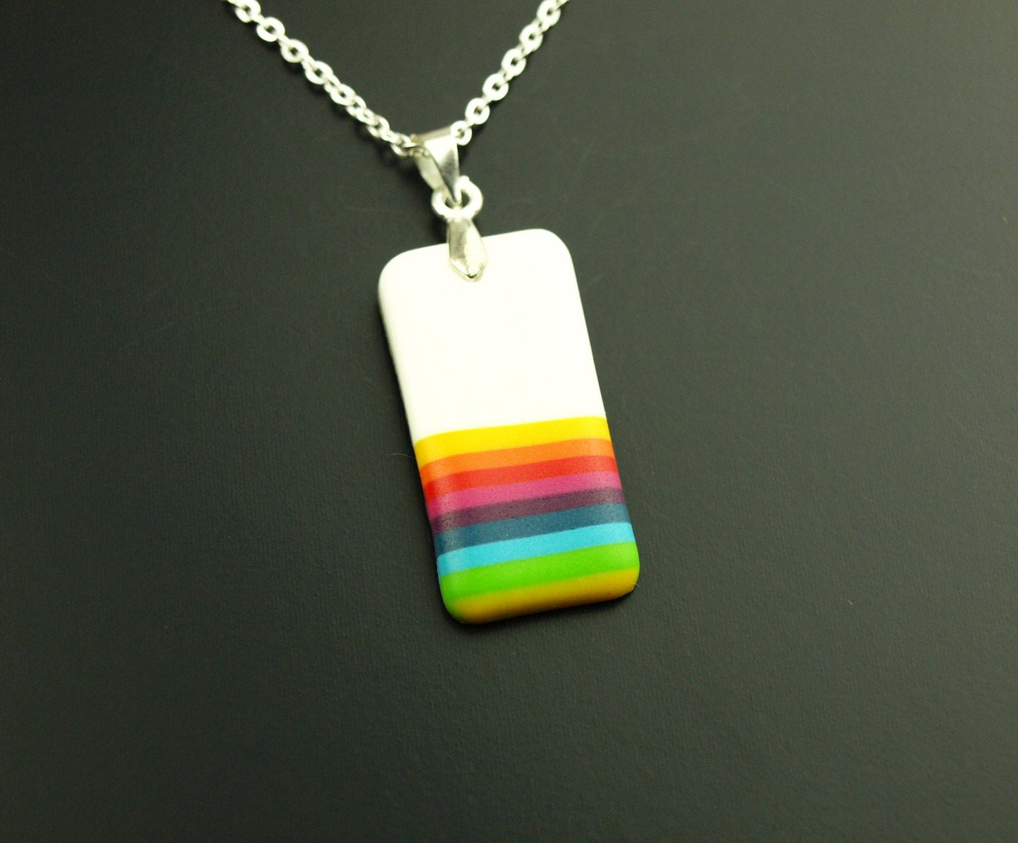 Kette Rechteck Polymer Clay farbig weiß bunt Regenbogen Leder retro Streifen Muster nach Wahl