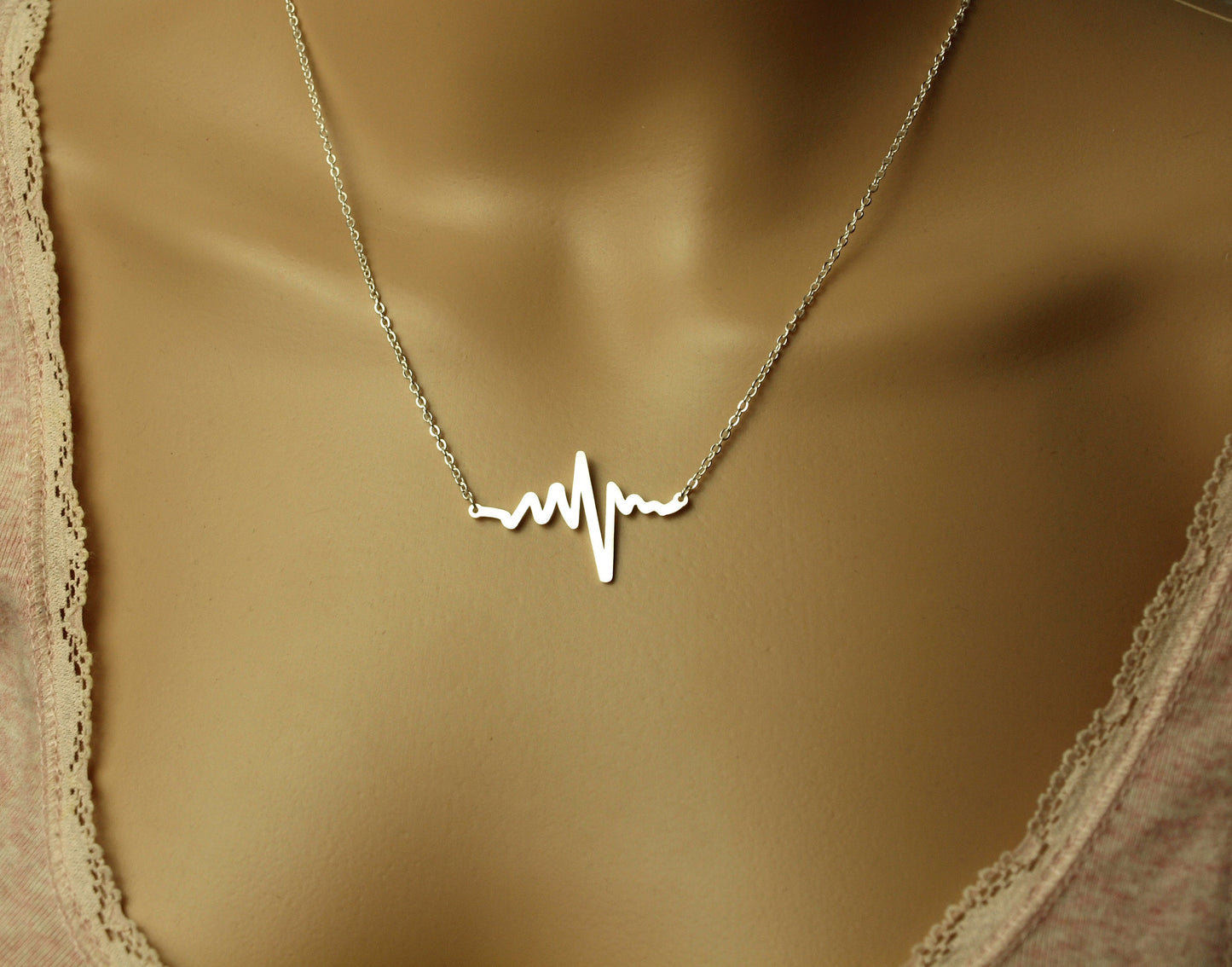 Kette Edelstahl Herzschlag Herz Puls Elektrokardiogramm Anhänger silbern