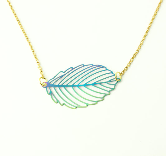 Kette Blatt Anhänger Baum Edelstahl Regenbogen bunt golden