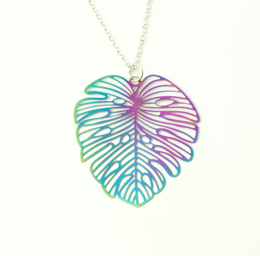 Kette Edelstahl Monstera Palme Blatt Anhänger silbern Regenbogen bunt