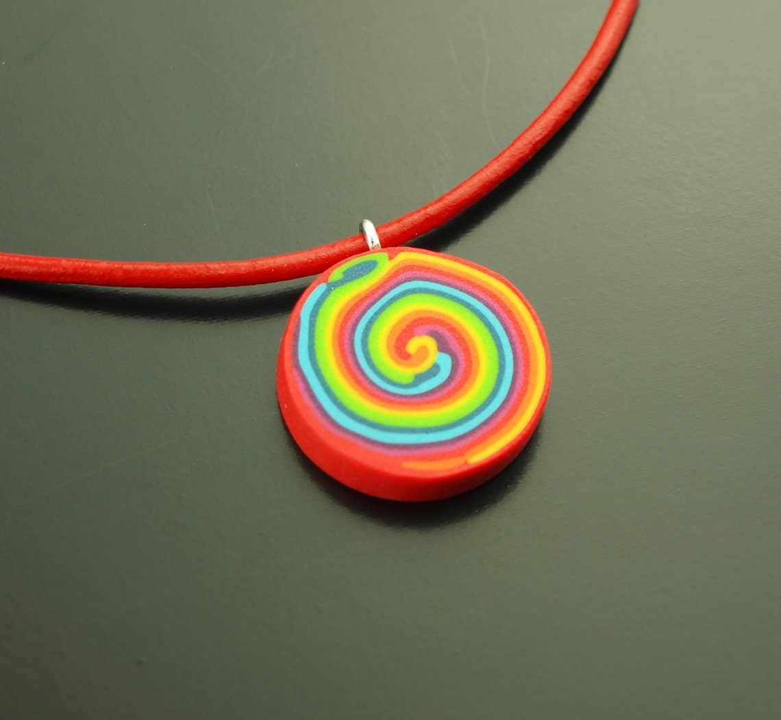 Kette Leder Polymer Clay farbig bunt Regenbogen retro Muster nach Wahl