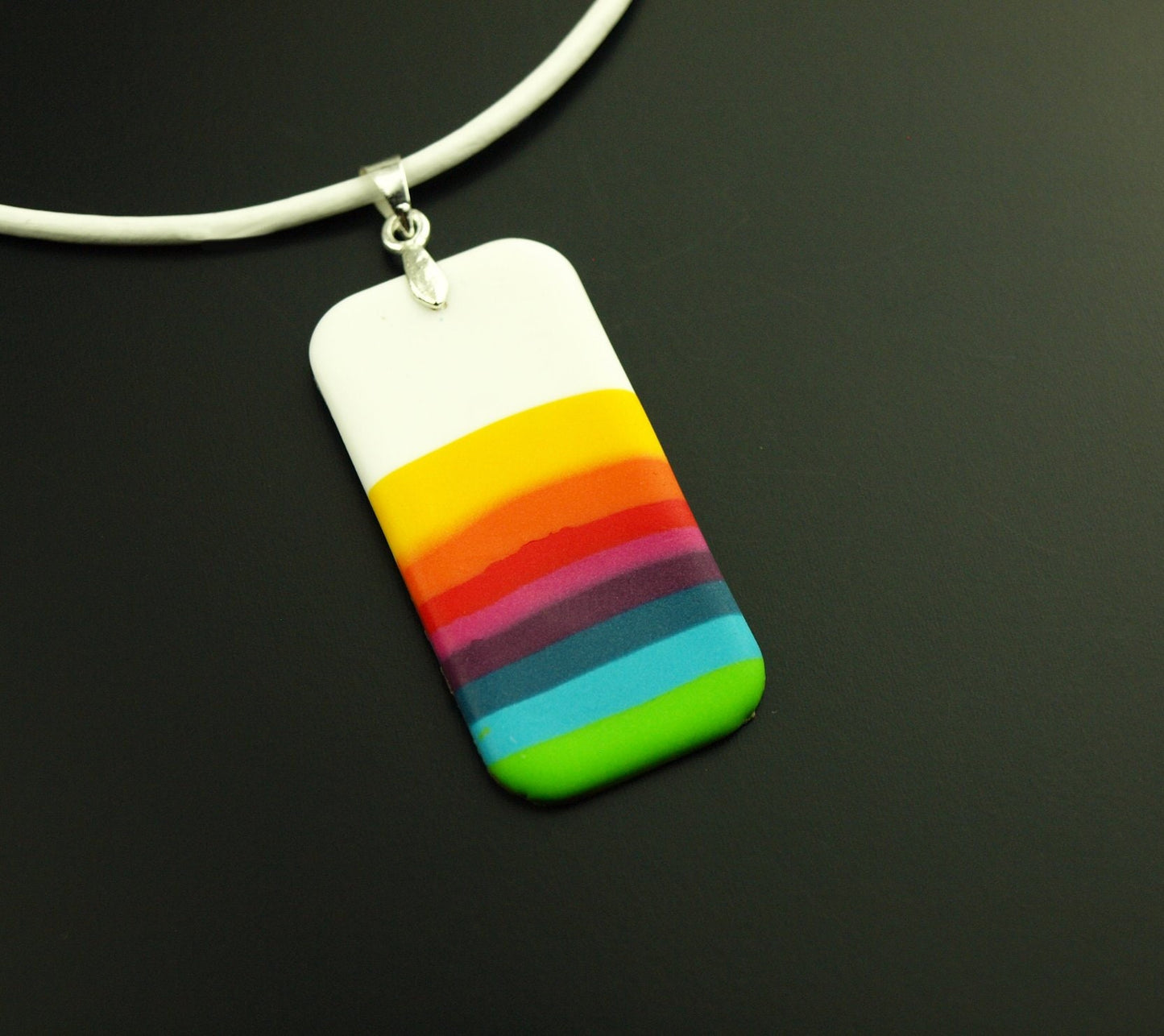 Kette Rechteck Polymer Clay farbig weiß bunt Regenbogen Leder retro Streifen Muster nach Wahl