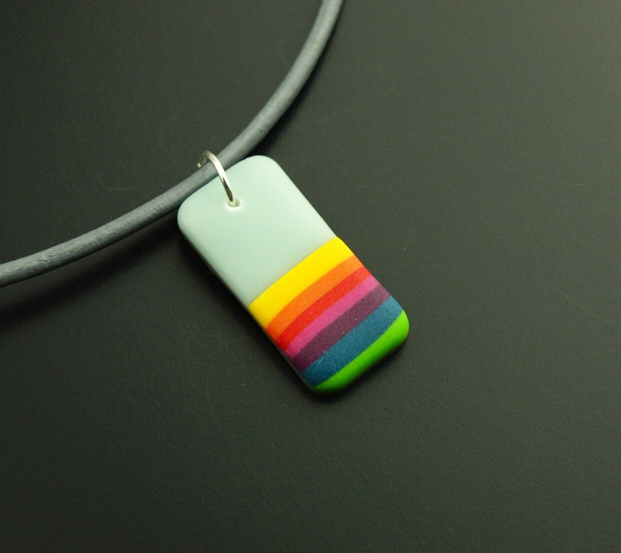 Kette Rechteck Polymer Clay farbig weiß bunt Regenbogen Leder retro Streifen Muster nach Wahl