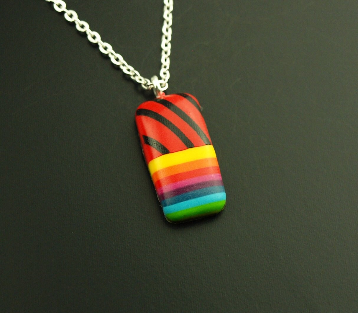 Surferkette Leder Rechteck Polymer Clay Streifen bunt Linien retro Lederkette Muster nach Wahl