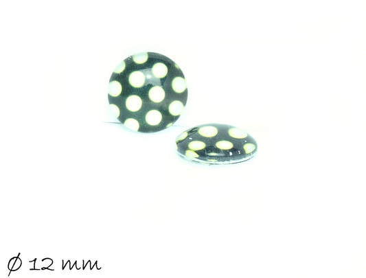 10 Stück runde Glas Cabochons mit schwarz-weißen Punkten Ø 12 mm