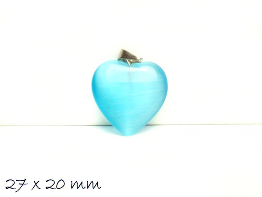 1 Stück Herz Anhänger Cateye Glas, 27 x 20 mm, hellblau