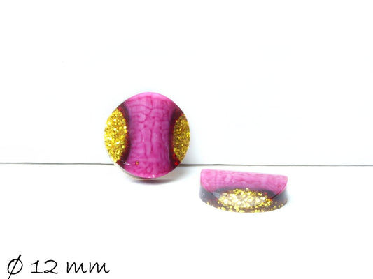 Stück runde Resin Cabochons, Ø 12 mm, pink-gold mit Glitzer