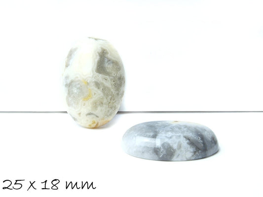 1 Stück ovaler Edelstein-Cabochon, Crazy Achat, 25 x 18 mm, weiß - grau