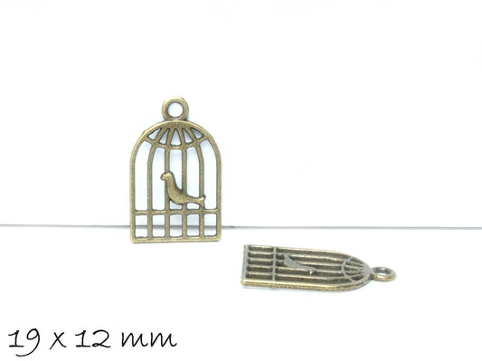 10 Stück Anhänger Vogel im Käfig bronze vintage 19 x 12 mm