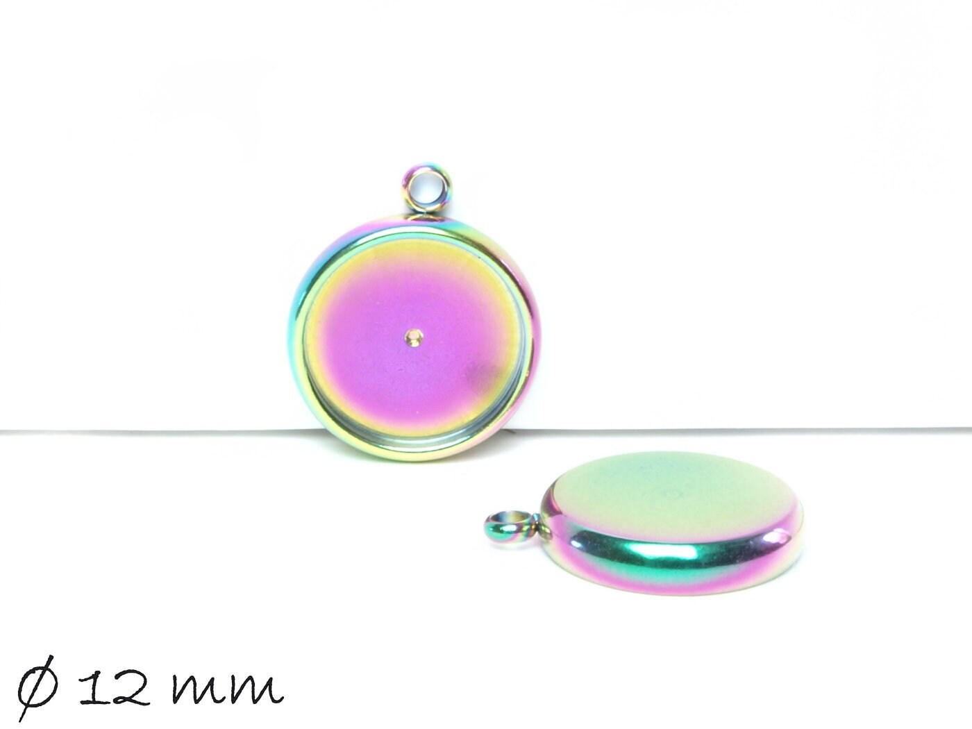 2 Stück Massive Anhänger mit Fassung für Cabochons, Edelstahl, Bunt, Regenbogen, 12 mm